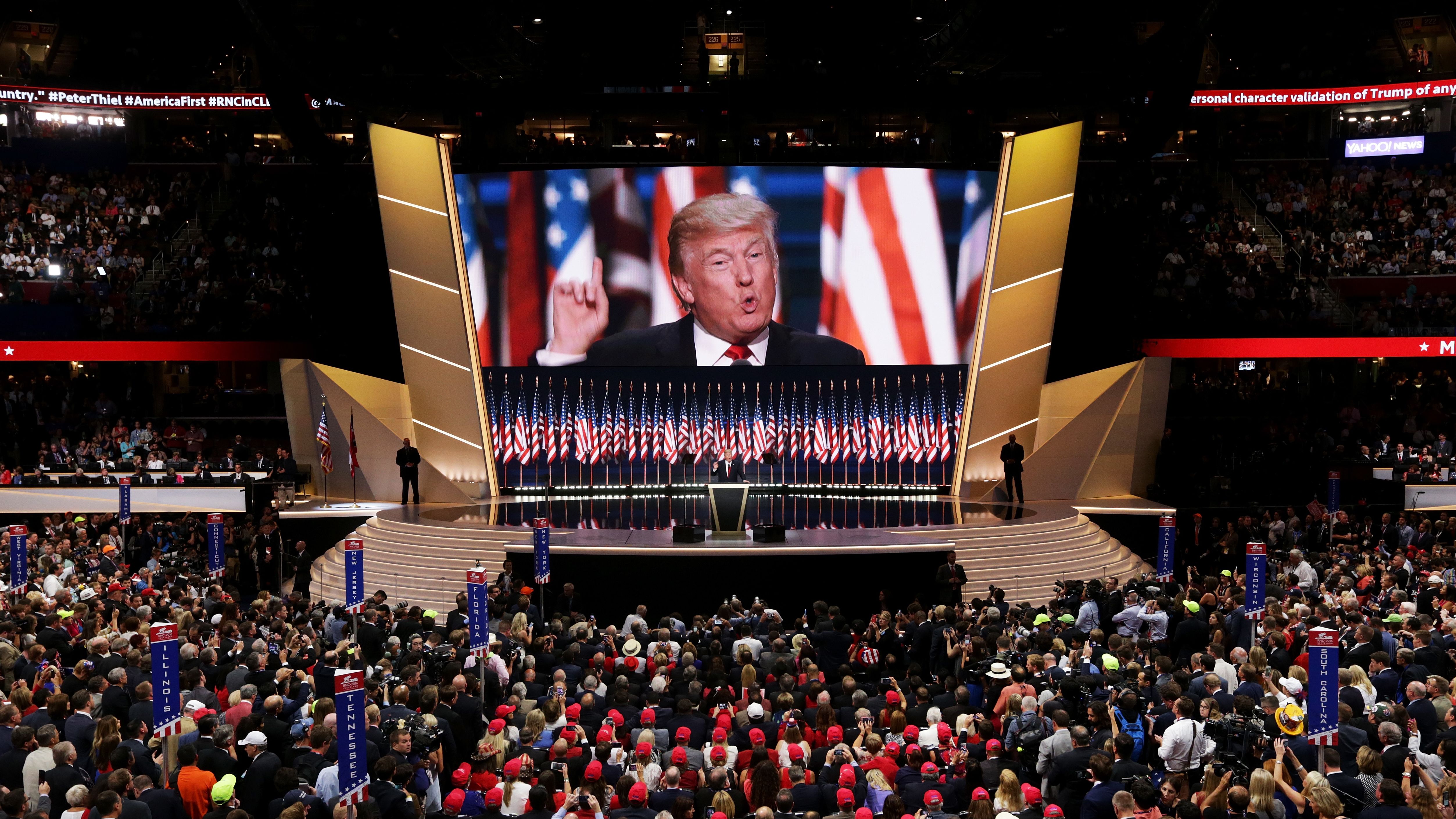 Republican presidential candidate Donald Trump delivers a speech during the evening session on the fourth day of the Republican National Convention on July 21, 2016, at the Quicken Loans Arena in Cleveland, Ohio. 