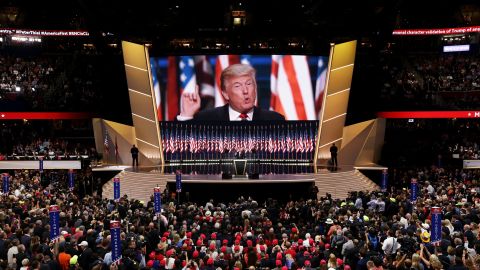 Donald Trump delivers a speech during the evening session on the fourth day of the Republican National Convention on July 21, 2016, at the Quicken Loans Arena in Cleveland, Ohio.