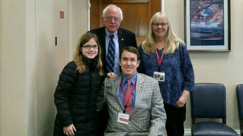 Muscular dystrophy advocates Joanne Wechsler and Bradley Stephenson, who has Becker muscular dystrophy, and his daughter Georgia met with Sen. Bernie Sanders this week.
