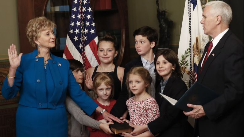 Linda McMahon is joined by her six grandchildren as she is sworn in as chief of the Small Business Administration on Tuesday, February 14. McMahon, <a href="index.php?page=&url=http%3A%2F%2Fwww.cnn.com%2F2016%2F12%2F07%2Fpolitics%2Flinda-mcmahon-picked-to-be-small-business-administrator%2F" target="_blank">the former CEO of World Wrestling Entertainment,</a> was confirmed by a vote of 81-19.
