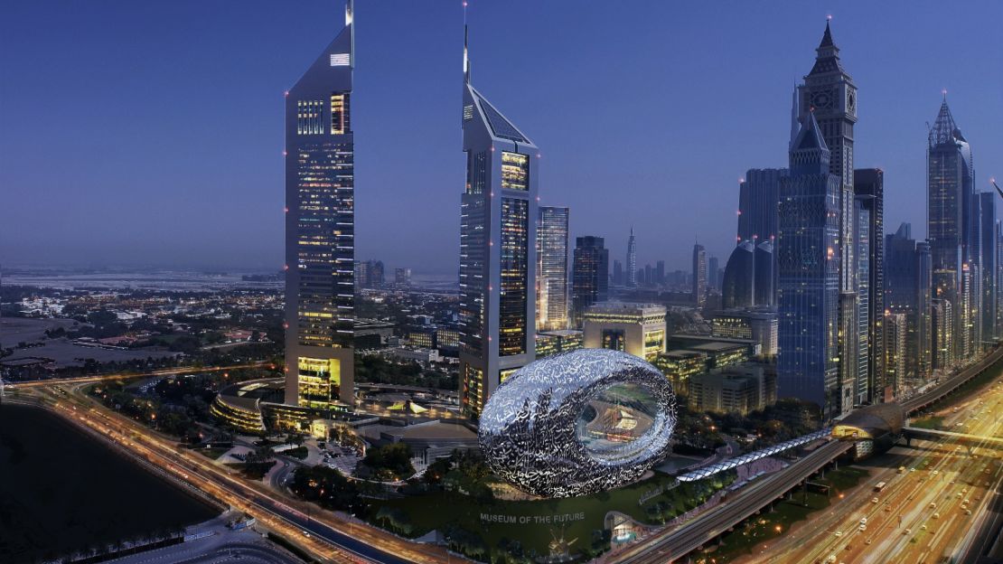 An artist's impression of Dubai's new Museum of the Future, built inside an oval-shaped glass structure
