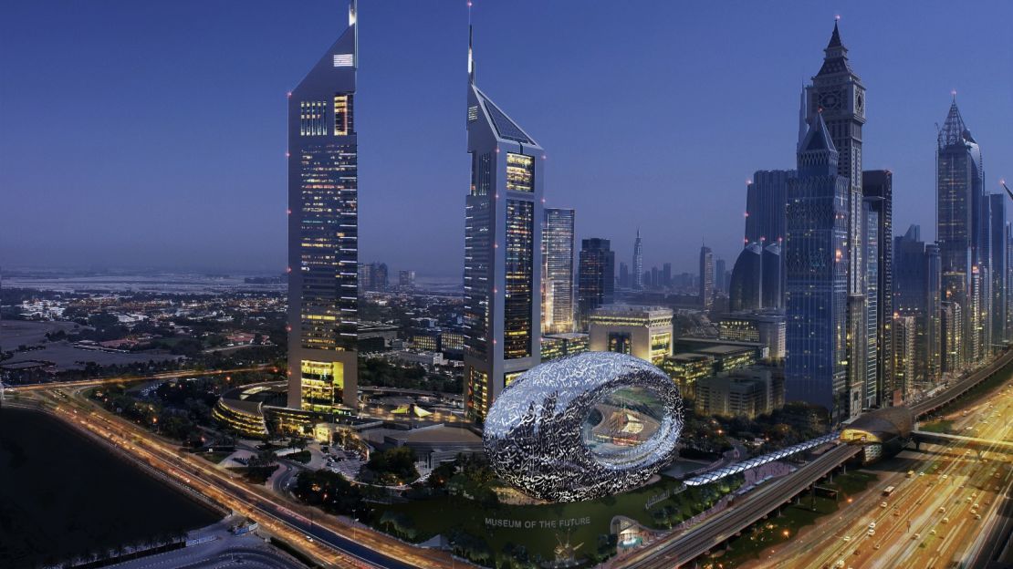 An artist's impression of Dubai's new Museum of the Future, built inside an oval-shaped glass structure