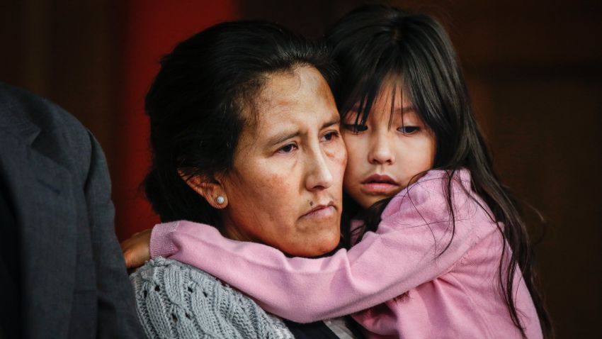 DENVER, CO - FEBRUARY 15: Undocumented immigrant and activist Jeanette Vizguerra, 45, hugs her youngest child Zury Baez, 6, while addressing supporters and the media as she seeks sanctuary at First Unitarian Church on February 15, 2017 in Denver, Colorado. Vizguerra, who has been working the United States for some 20 years, and her children will be living in a room in the basement of the church hoping to avoid deportation after the local office of Immigration and Customs Enforcement denied a stay of her case which would lead to her immediate deportation. (Photo by Marc Piscotty/Getty Images)