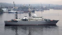 Russian warship Viktor Leonov enters the bay in Havana, Cuba, Tuesday, March 24, 2015. The Russian warship, one of the fleet's Vishnya-class ships generally used for intelligence gathering, was docked in the harbor coinciding with a visit to Cuba by Russia's Foreign Minister Sergei Lavrov. 