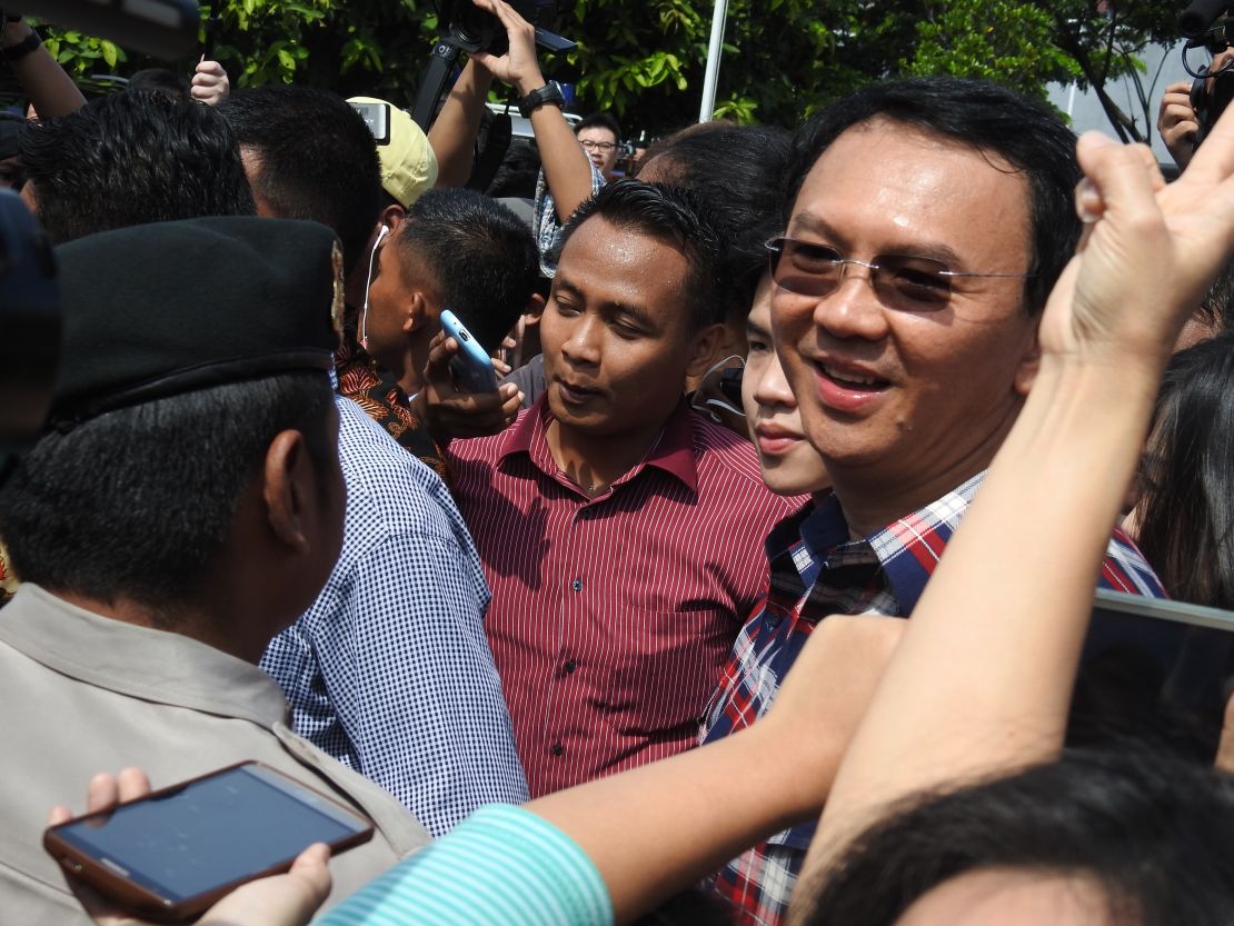 Jakarta governor Basuki Tjahaja Purnama, known as Ahok, after casting his vote at a polling station on Wednesday February 15.