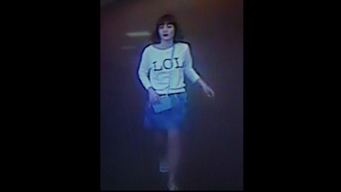 This photo of closed circuit television footage shows a woman wearing a shirt with "LOL" on it in Sepang, Malaysia, on Monday, February 13. 