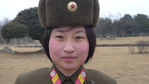 A North Korean female soldier stands guard at the Mansu Hill Grand Monument, Thursday, February 16.