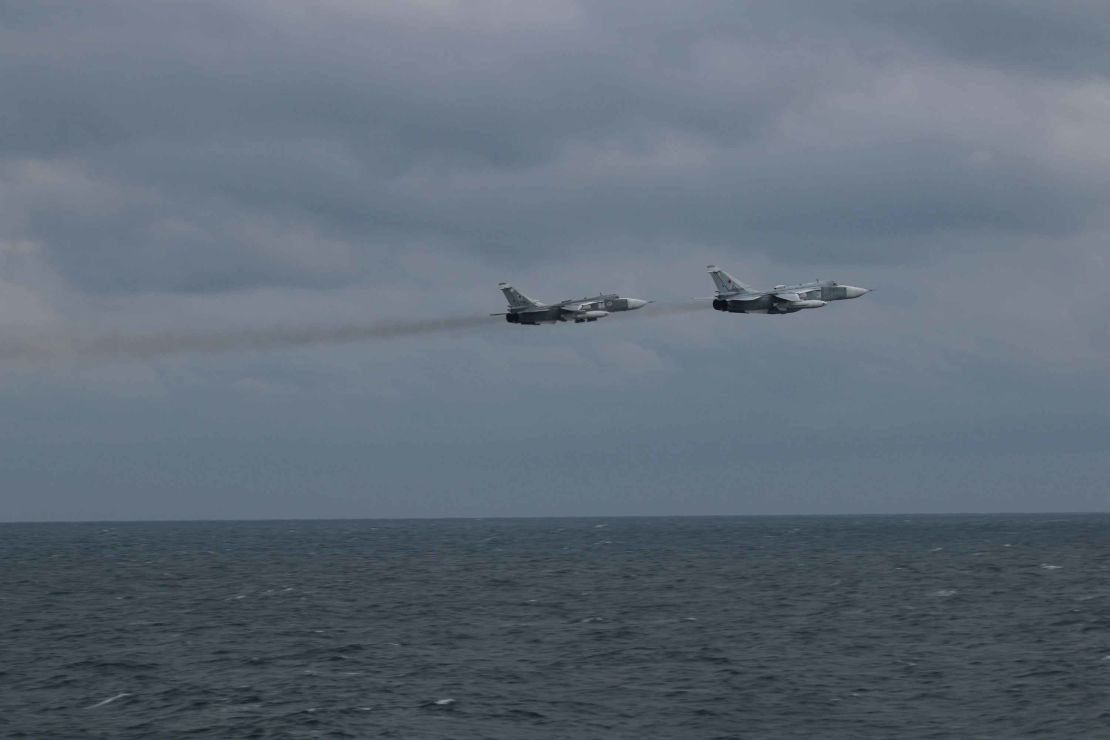 Two Russian Su-24 jets pass close to the USS Porter in the Black Sea last week.