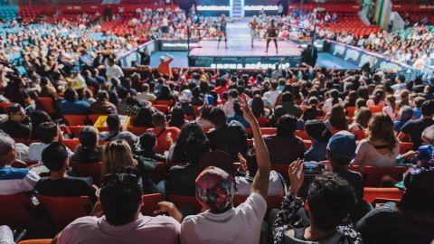 A fan cheers as Sam Adonis and the "rudos" (bad guys) are defeated by the "tecnicos."