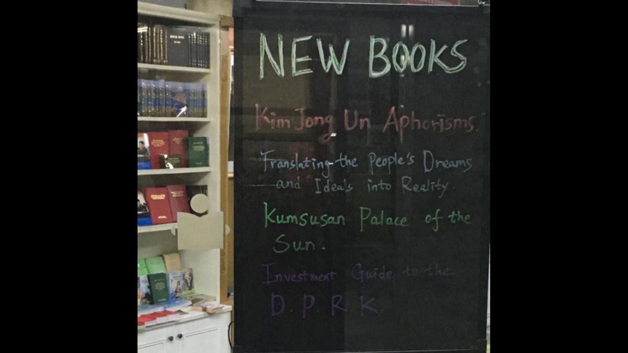 Book titles are listed in English at a bookshop for tourists in the Yanggakdo Hotel in Pyongyang.