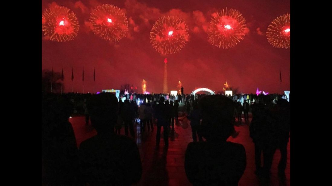 North Korean soldiers watch fireworks on February 16, in Pyongyang.