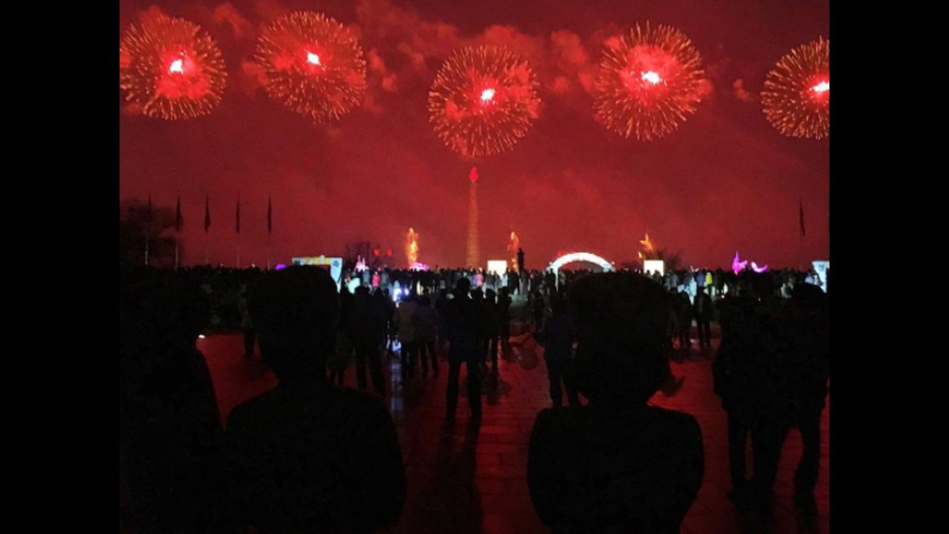 North Korean soldiers watch fireworks on February 16, in Pyongyang.