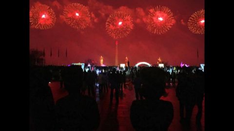North Korean soldiers watch fireworks on February 16, in Pyongyang.