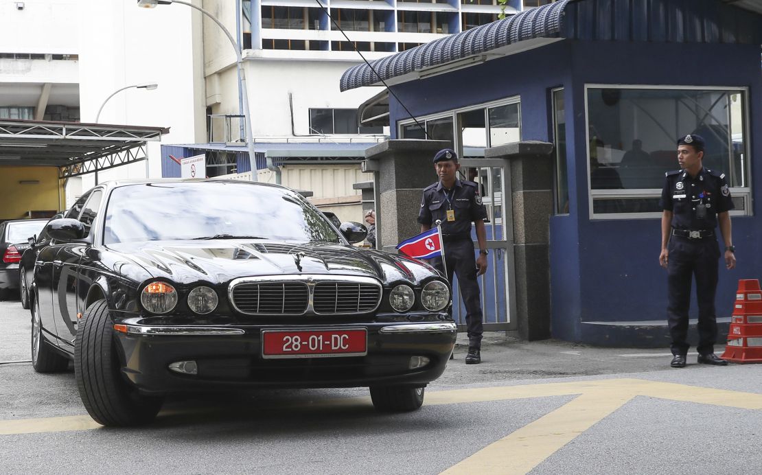 The car of ambassador of North Korea to Malaysia leaves the forensic department at the hospital in Kuala Lumpur, Malaysia on Wednesday, Feb. 15.