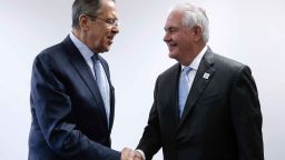 BONN, GERMANY - FEBRUARY 16, 2017: Russia's Foreign Minister Sergei Lavrov (L) shakes hands with US Secretary of State Rex Tillerson during their talks on the sidelines of the G20 foreign ministers meeting. Alexander Shcherbak/TASS (Photo by Alexander Shcherbak\TASS via Getty Images)