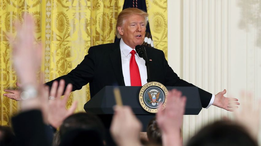  U.S. President Donald Trump takes questions from reporters during a news conference in the East Room at the White House on February 16, 2017 in Washington, DC. President Trump announced that he has nominated Alexander Acosta to be the new Labor Secretary.  
