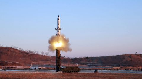 This photo taken on February 12, 2017 and released on February 13 by North Korea's official Korean Central News Agency (KCNA) shows the launch of  Pukguksong-2.