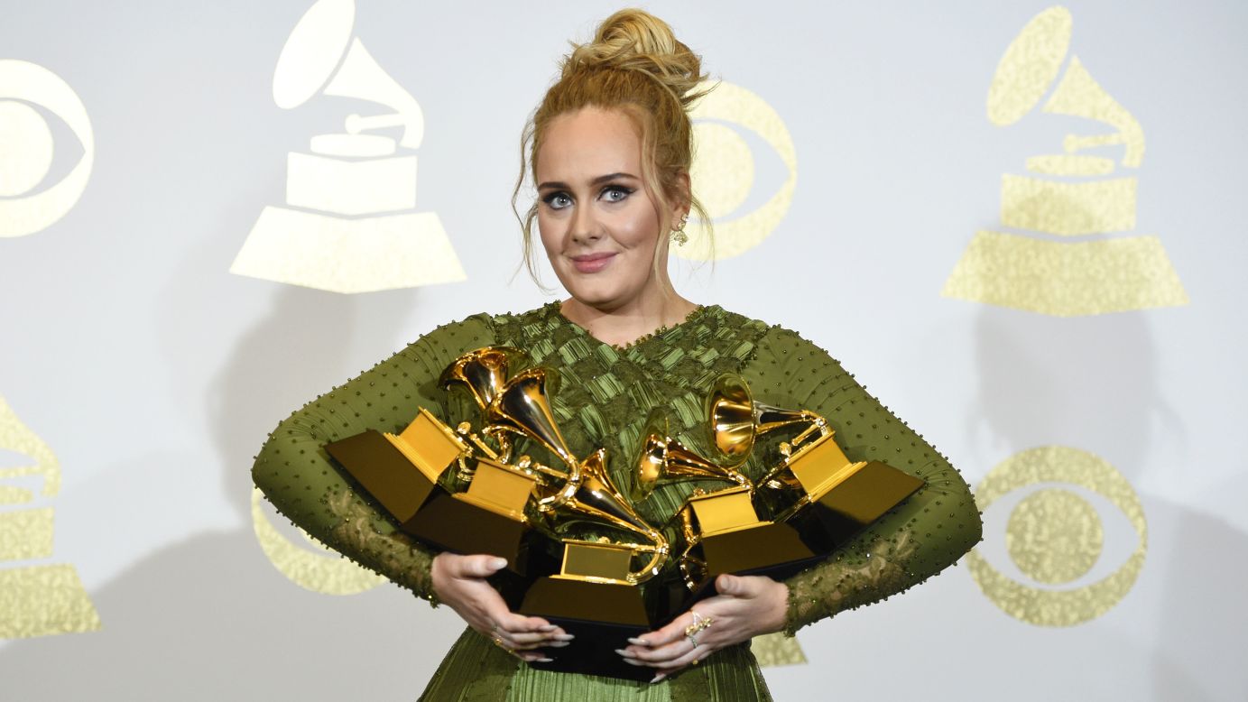 Adele poses with the five Grammy Awards she won on Sunday, February 12. <a href="http://www.cnn.com/2017/02/12/entertainment/grammys-2017/index.html" target="_blank">She swept the top honors,</a> including album of the year and song of the year ("Hello").