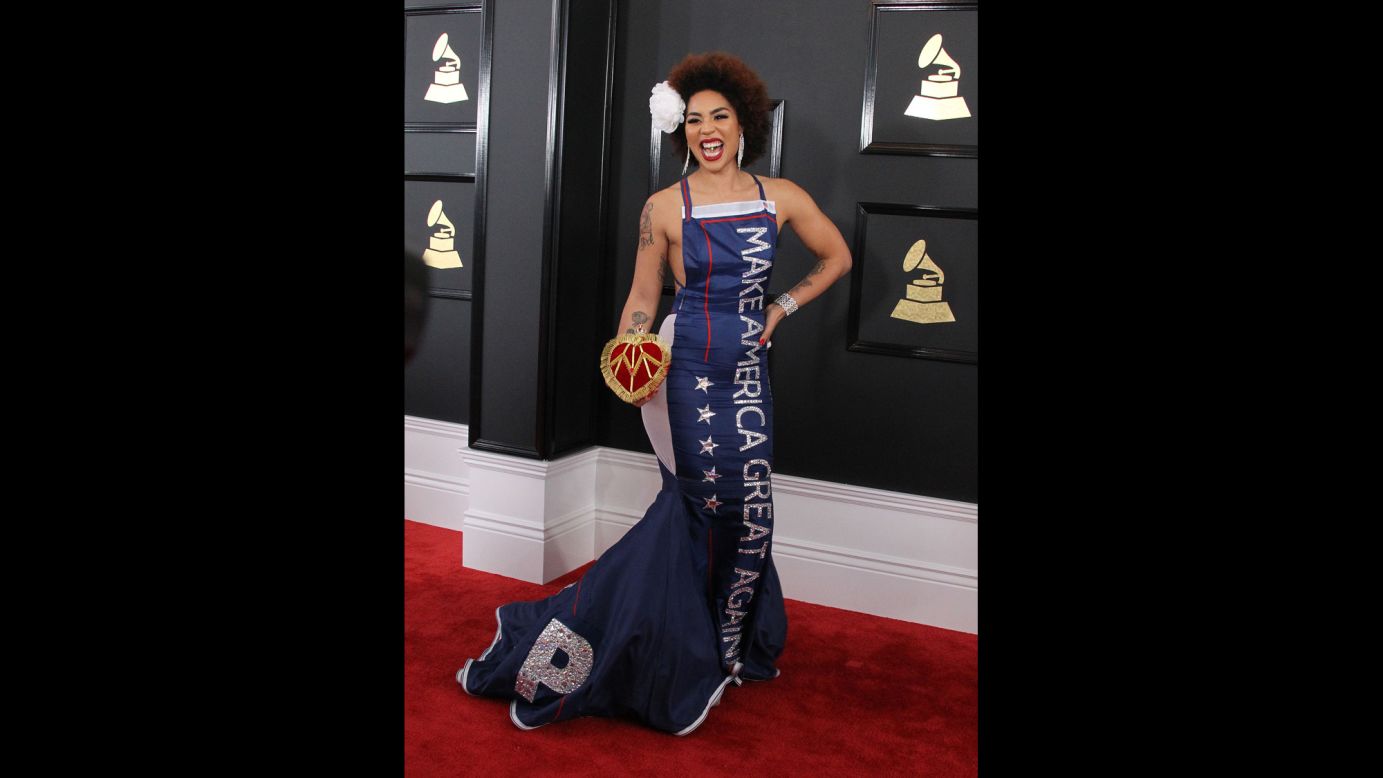 Singer Joy Villa walks the red carpet at the Grammy Awards on Sunday, February 12. Her dress carried the campaign slogan of US President Donald Trump. <a href="http://www.cnn.com/2017/02/12/entertainment/gallery/grammys-2017-red-carpet/index.html" target="_blank">See more red-carpet photos from the Grammys</a>
