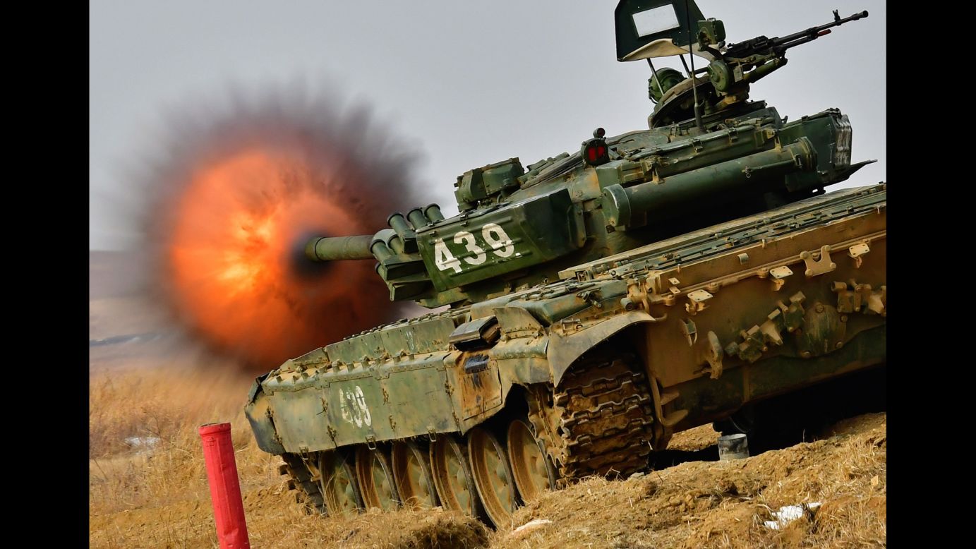 A tank competes in a tank biathlon in Russia's Primorye territory on Thursday, February 16. 