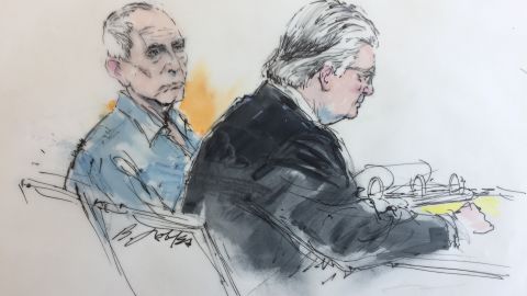 A  courtroom artist's sketch of Robert Durst, left, with his defense attorney.