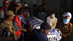Pakistani volunteers carry the body of a victim from a hospital in the town of Sehwan, a day after a bomb attack hit the 13th century Muslim Sufi shrine of Lal Shahbaz Qalandar in Sindh province, some 200 kilometres northeast of the provincial capital Karachi, on February 17, 2017.
At least 70 people were killed and hundreds wounded Thursday when a bomb ripped through a revered Sufi shrine in southern Pakistan, officials said, after a series of attacks which have shaken optimism over recent improvements in security. The Islamic State group (IS) claimed the attack, the deadliest to hit Pakistan so far in 2017. / AFP / ASIF HASSAN        (Photo credit should read ASIF HASSAN/AFP/Getty Images)
