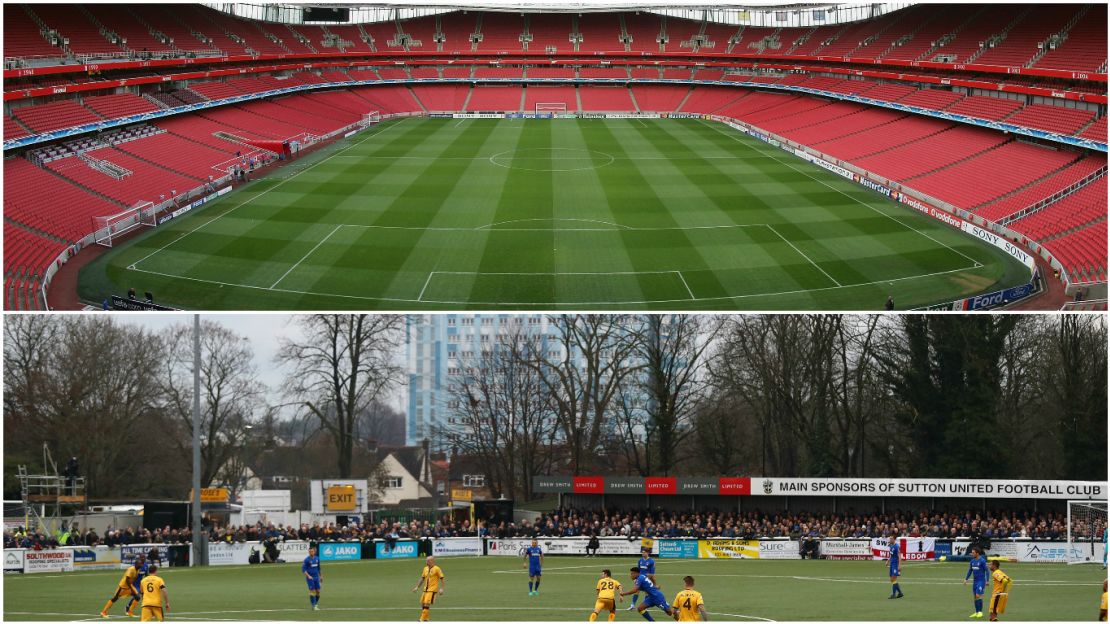 A comparison of the 5,013-capacity Gander Green Lane and Arsenal's 60,432-capacity Emirates Stadium.
