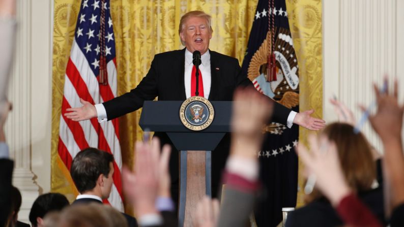US President Donald Trump speaks during a news conference in the East Room of the White House on Thursday, February 16. Trump <a href="index.php?page=&url=http%3A%2F%2Fwww.cnn.com%2F2017%2F02%2F16%2Fpolitics%2Fdonald-trump-press-conference-amazing-day-in-history%2Findex.html" target="_blank">lashed out</a> against the media and what he called fake news as he displayed a sense of anger and grievance rarely vented by a president in public. He said he resented reports that his White House was in chaos. "This administration is running like a fine-tuned machine," he said.