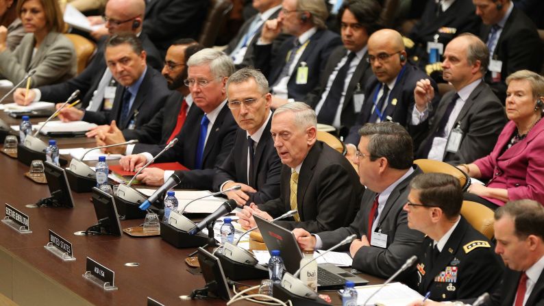 US Defense Secretary James Mattis, fourth from right, attends a meeting with defense ministers at the NATO headquarters in Brussels, Belgium, on Thursday, February 16. A day earlier, <a href="index.php?page=&url=http%3A%2F%2Fwww.cnn.com%2F2017%2F02%2F15%2Fpolitics%2Fjames-mattis-nato-brussels%2F" target="_blank">Mattis reaffirmed America's support for NATO</a> but warned that America could "moderate" its commitment to the alliance if other member states fail to meet the requisite spending targets. Only five of the 28 member states currently meet the alliance's spending target of 2% of GDP. 