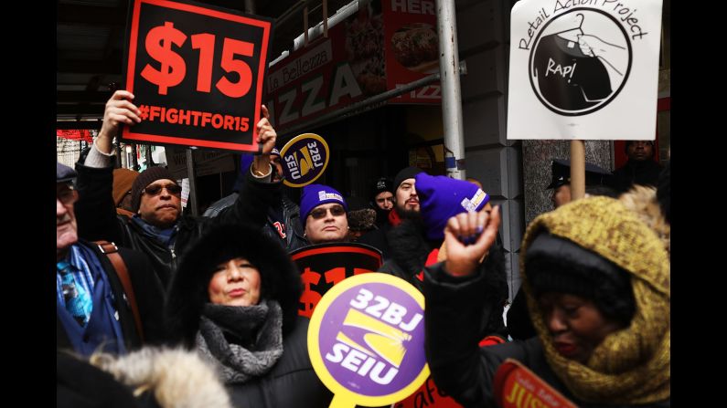 Protesters in favor of a $15 minimum wage gather in New York to rally against Andrew Puzder, President Trump's nominee for labor secretary, on Monday, February 13. Puzder, the CEO of the company that owns the Hardee's and Carl's Jr. fast-food chains, <a href="index.php?page=&url=http%3A%2F%2Fwww.cnn.com%2F2017%2F02%2F15%2Fpolitics%2Ftop-senate-republicans-urge-white-house-to-withdraw-puzder-nomination%2F" target="_blank">withdrew his nomination</a> two days later. He had faced intense criticism since his appointment in December. Current and former employees spoke out against him, and Democrats and labor activists attacked his record on worker rights. Puzder has a long history of fighting against government regulation, a $15 minimum wage and the Affordable Care Act. He also admitted to having employed an undocumented immigrant as a housekeeper.