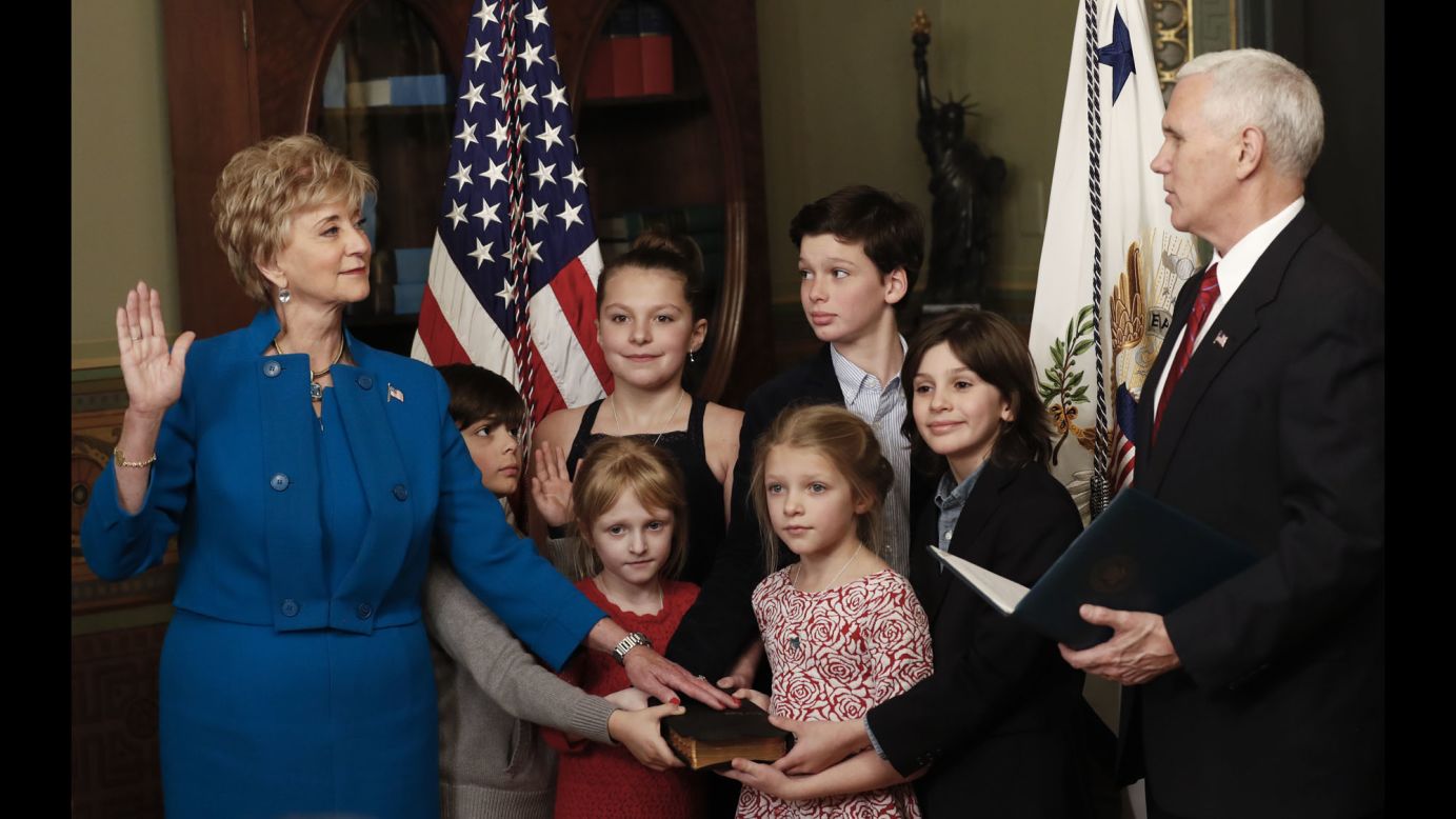 Linda McMahon is joined by her six grandchildren as she is sworn in as chief of the Small Business Administration on Tuesday, February 14. McMahon, <a href="http://www.cnn.com/2016/12/07/politics/linda-mcmahon-picked-to-be-small-business-administrator/" target="_blank">the former CEO of World Wrestling Entertainment,</a> was confirmed by a vote of 81-19. <a href="http://www.cnn.com/2017/01/10/politics/gallery/trump-cabinet-confirmation-hearings/index.html" target="_blank">Photos: Trump's nominees and their confirmation hearings</a>