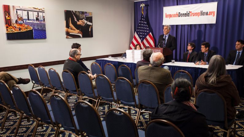 Norman Solomon, co-founder of the activist group RootsAction, speaks during a news conference in Washington on Thursday, February 16. RootsAction and another group, Free Speech for People, started an online petition last month to impeach President Trump.
