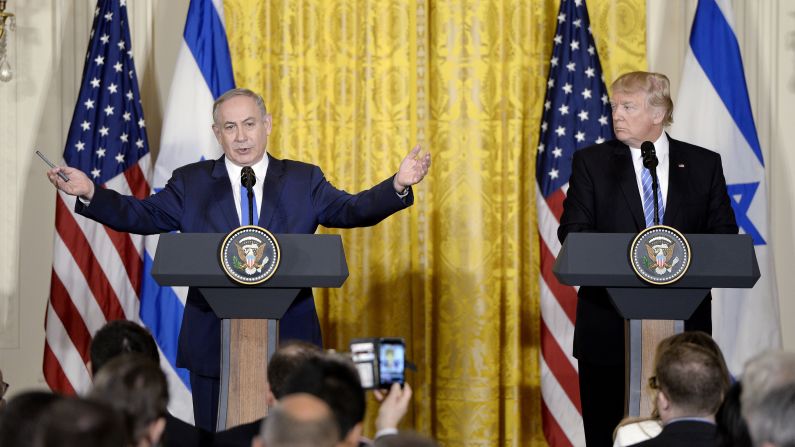 President Trump and Israeli Prime Minister Benjamin Netanyahu hold <a href="index.php?page=&url=http%3A%2F%2Fwww.cnn.com%2F2017%2F02%2F15%2Fpolitics%2Fnetanyahu-trump-white-house-visit%2F" target="_blank">a joint news conference at the White House</a> on Wednesday, February 15. Netanyahu beamed at his new American counterpart and declared him the best friend Israel could possibly wish for, while Trump offered lofty praise for Israel, denounced the Iranian nuclear deal and declined to back a two-state solution -- a long-standing, bipartisan US policy that the Israeli Prime Minister has questioned.