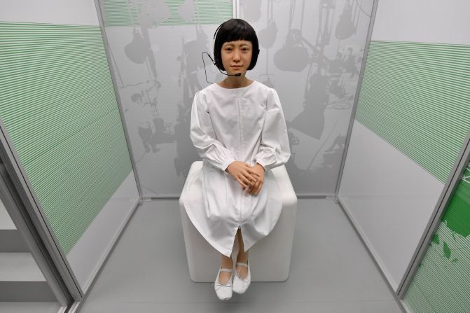 Kodomoroid, designed by Japan's Hiroshi Ishiguro Laboratories, reads the news. 