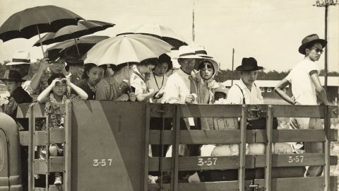Japanese Americans are pictured at the Jerome concentration camp in Arkansas on June 18, 1944.