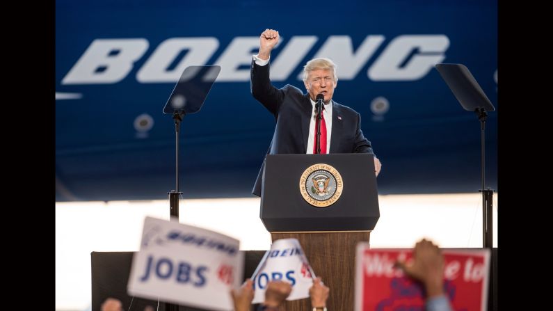 US President Donald Trump addresses a crowd at <a href="index.php?page=&url=http%3A%2F%2Fwww.cnn.com%2F2017%2F02%2F17%2Fpolitics%2Fdonald-trump-boeing%2F" target="_blank">the debut event for the Dreamliner 787-10</a> at Boeing's factory in North Charleston, South Carolina, on February 17.
