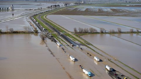Floodwaters cross over Interstate 5 at Williams, backing up traffic in both north and southbound lanes for hours on Saturday, February 18. 