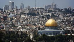 A picture shows the skyline of Jerusalem with the Dome of the Rock mosque, at the Al-Aqsa mosque compound in the city?s old city, where thousands of Muslim pilgrims crowded for the first Friday noon prayer of Ramadan on September 5, 2008. Israel beefed up its police deployments in Jerusalem as tens of thousands of Muslim faithful were expected to attend the first Friday prayers of Ramadan at the Al-Aqsa mosque compound in the Old City. AFP PHOTO/MARCO LONGARI (Photo credit should read MARCO LONGARI/AFP/Getty Images)