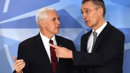 US Vice-President Mike Pence is welcomed by NATO Secretary General Jens Stoltenberg at NATO headquarters in Brussels on February 20.