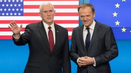 U.S. Vice President Mike Pence and Donald Tusk, president of the European Union, pose for photograph ahead of a meeting at the Europa building in Brussels, Belgium, on Monday, February 20 .