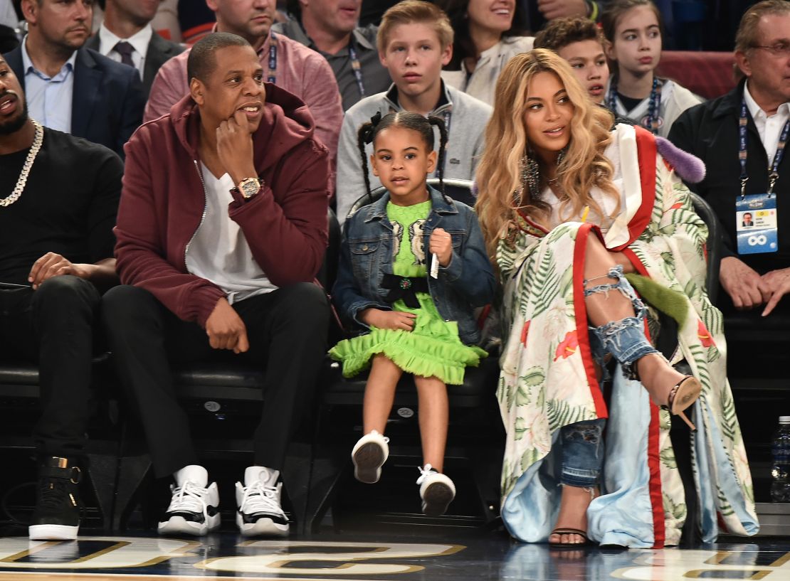 Jay Z, Blue Ivy Carter and Beyoncé attend the NBA All-Star Game 2017 in New Orleans, Louisiana.  (Photo by Theo Wargo/Getty Images)