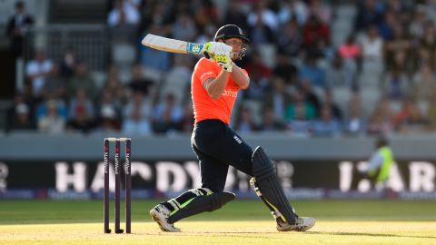 England's Ben Stokes smashes a ball to the boundary in a Twenty20 game against New Zealand in 2015.