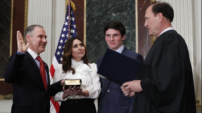 Supreme Court justice Samuel Alito swears in Scott Pruitt as the new administrator of the Environmental Protection Agency on Friday, February 17. Holding the Bible is Pruitt's wife, Marlyn, and they were joined by their son, Cade. Pruitt, the former attorney general of Oklahoma, <a href="index.php?page=&url=http%3A%2F%2Fwww.cnn.com%2F2017%2F02%2F17%2Fpolitics%2Fsenate-epa-scott-pruitt%2F" target="_blank">was confirmed by the Senate 52-46.</a>