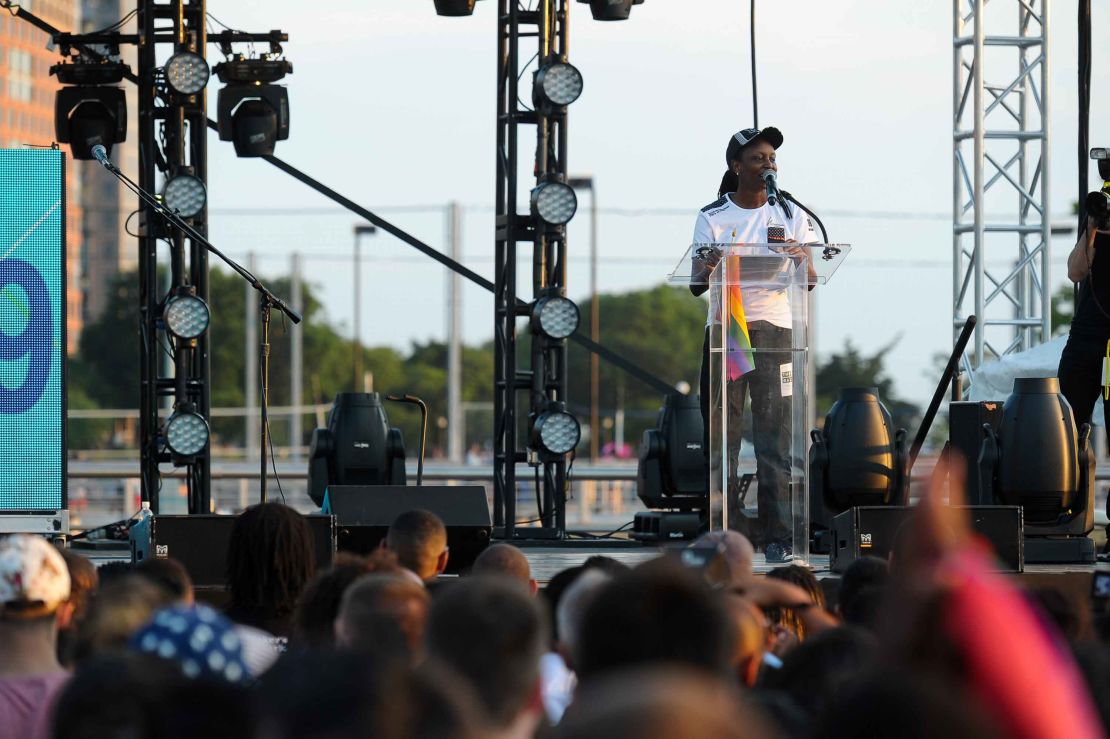 Kasha Jacqueline Nabagesera speaking at New York City Pride 2015.