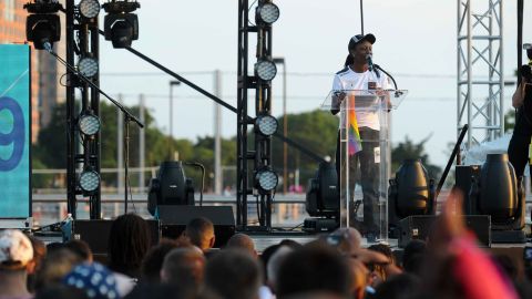 Kasha Jacqueline Nabagesera speaking at New York City Pride 2015.