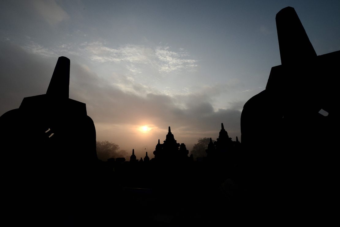 Sunrise over the ancient Borobudur temple in Indonesia's central Java province.
