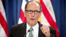 Former Labor Secretary Thomas Perez speaks at a news conference at the Treasury Department in Washington on June 22, 2016.