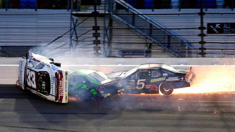 The car of Justin Fontaine flips during an ARCA crash in Daytona Beach, Florida, on Saturday, February 18. Fontaine was hospitalized with a fractured back.