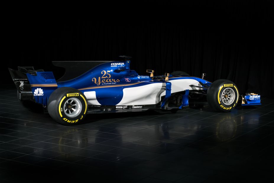 Swiss-based Sauber is celebrating its 25th year in F1 -- as can be seen in the gold lettering on its new blue and white livery.  