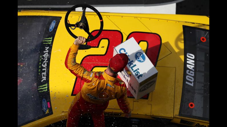 NASCAR driver Joey Logano celebrates Sunday, February 19, after he won "The Clash" exhibition race in Daytona Beach, Florida.